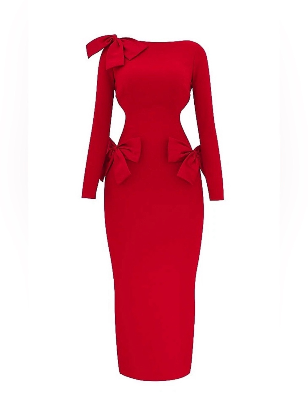 House of CB Red Long-Sleeve Maxi Dress with Sculpted Bows - Picture 2 of 4